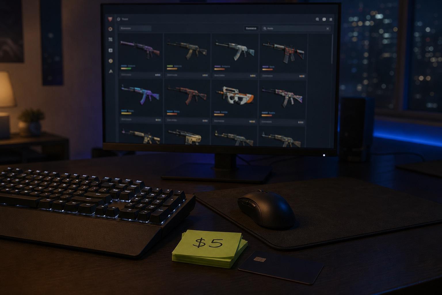 A trading desk setup: the instant bonus is extra balance you can spend on skins, not a second job.